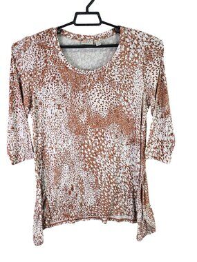 Womens LOGO Lori Goldstein Brown & White Animal Print Tunic Top 3/4 Sleeve L
